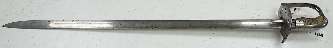 A 1796 heavy cavalry trooper’s sword, regulation blade stamped Dawes, with inspector’s mark, spear point, regulation hilt with side guard removed, grip replaced, blade 88cm. Condition - fair, age wear overall